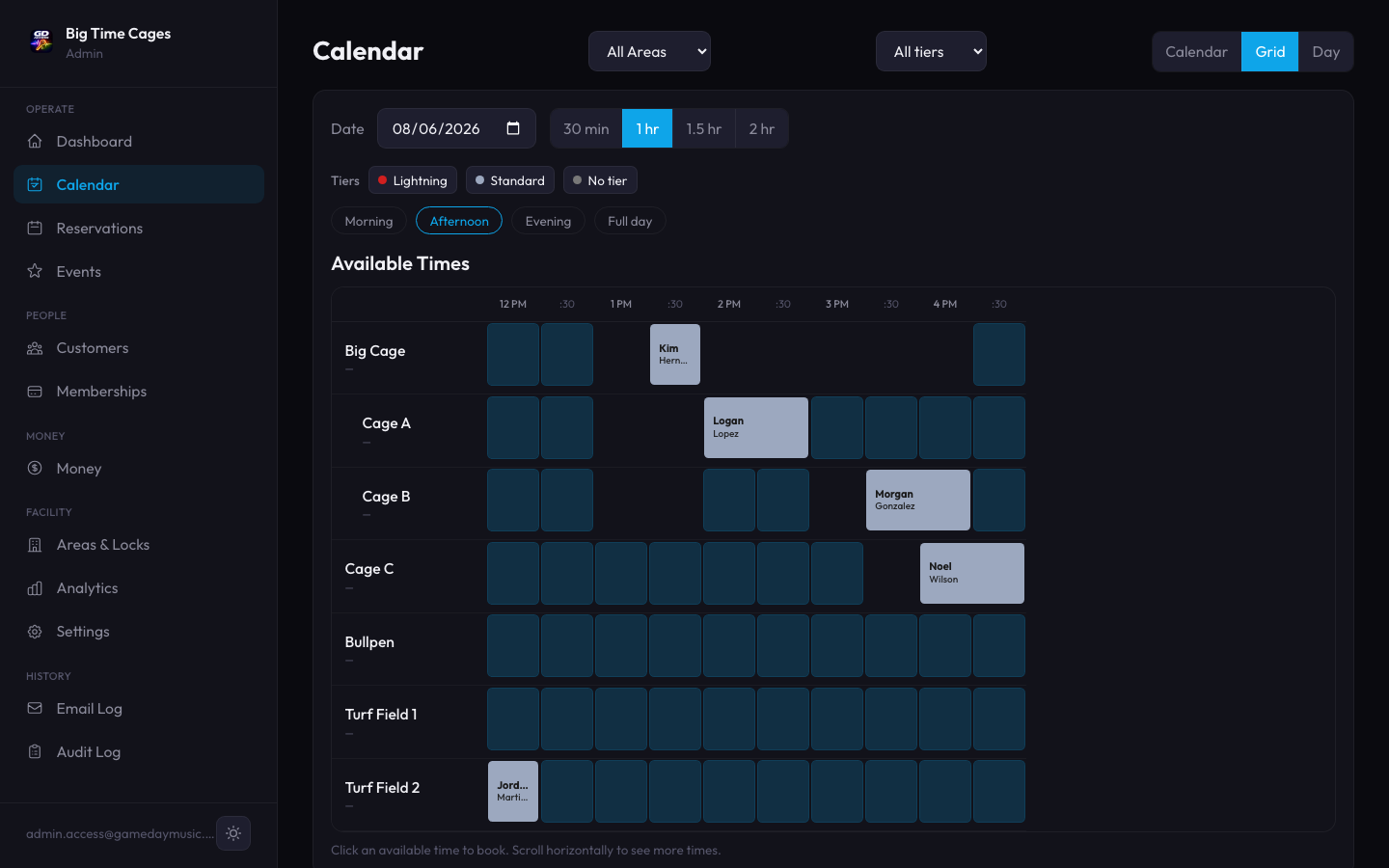 GameDay Access availability grid showing open and booked time slots across every area