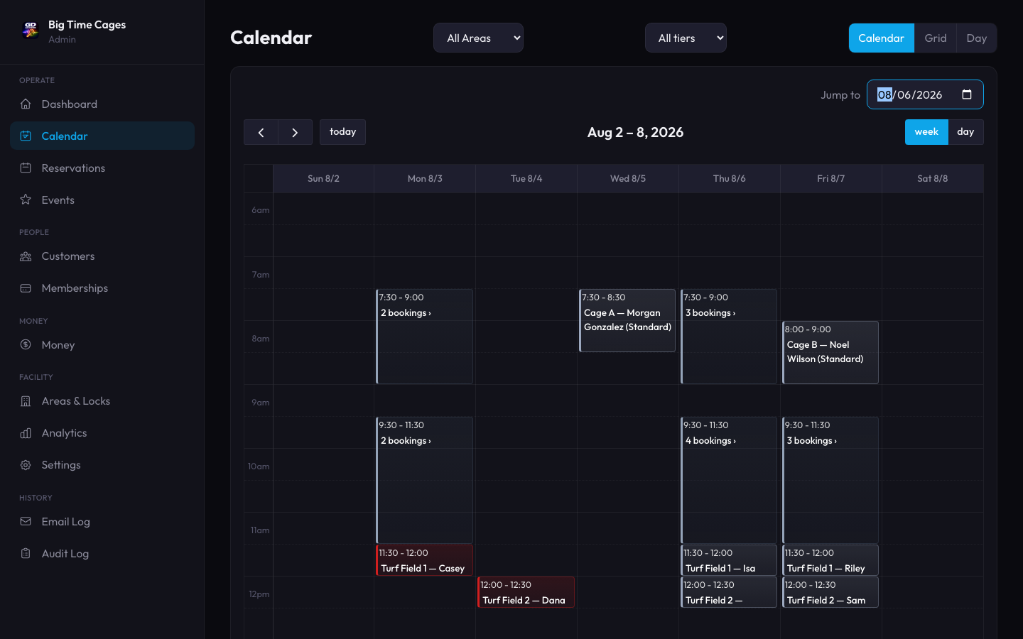 GameDay Access admin calendar showing a week of bookings across multiple areas