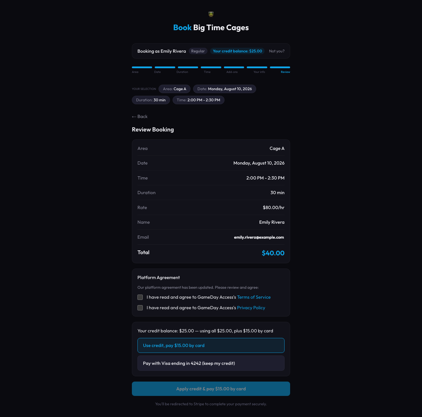 Customer checkout screen showing a credit balance applied plus the remainder charged to a saved card